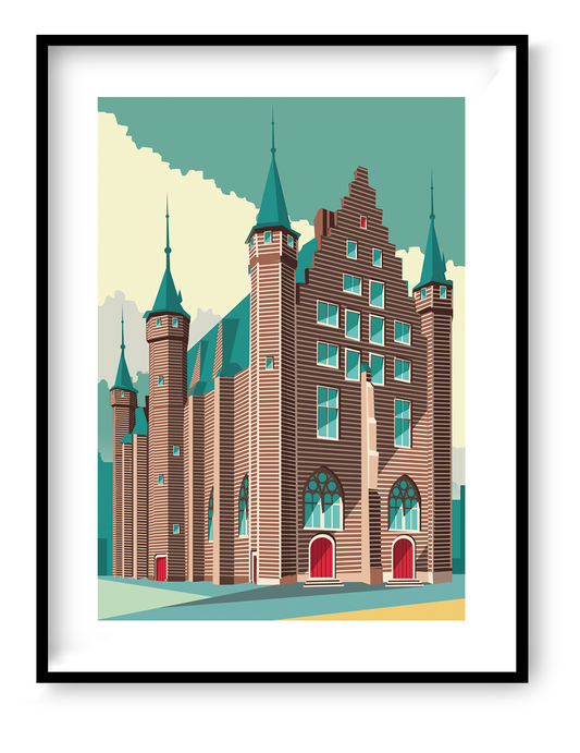 Vleeshuis Antwerp architectural illustration art print showing the historic medieval building with towers and red doors in a modern graphic style, 30x40 cm wall art