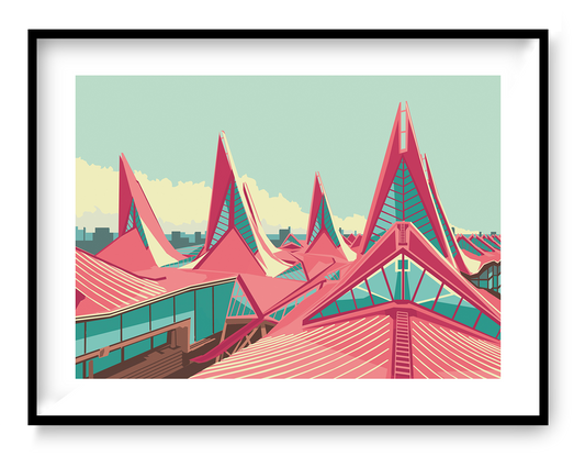 Vlinderpaleis Antwerp courthouse illustration by Gert Paenen featuring the iconic modern architecture of the Antwerp Justice Palace in bold geometric colors, 30x40 cm digital art print.