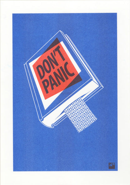 Risograph art print titled Book by VrijFormaat, featuring a blue book cover with bold red and black lettering reading “DON’T PANIC”, inspired by The Hitchhiker’s Guide to the Galaxy. Minimalist design printed in red and blue vegetable-based inks on Biotop paper, A4 size.