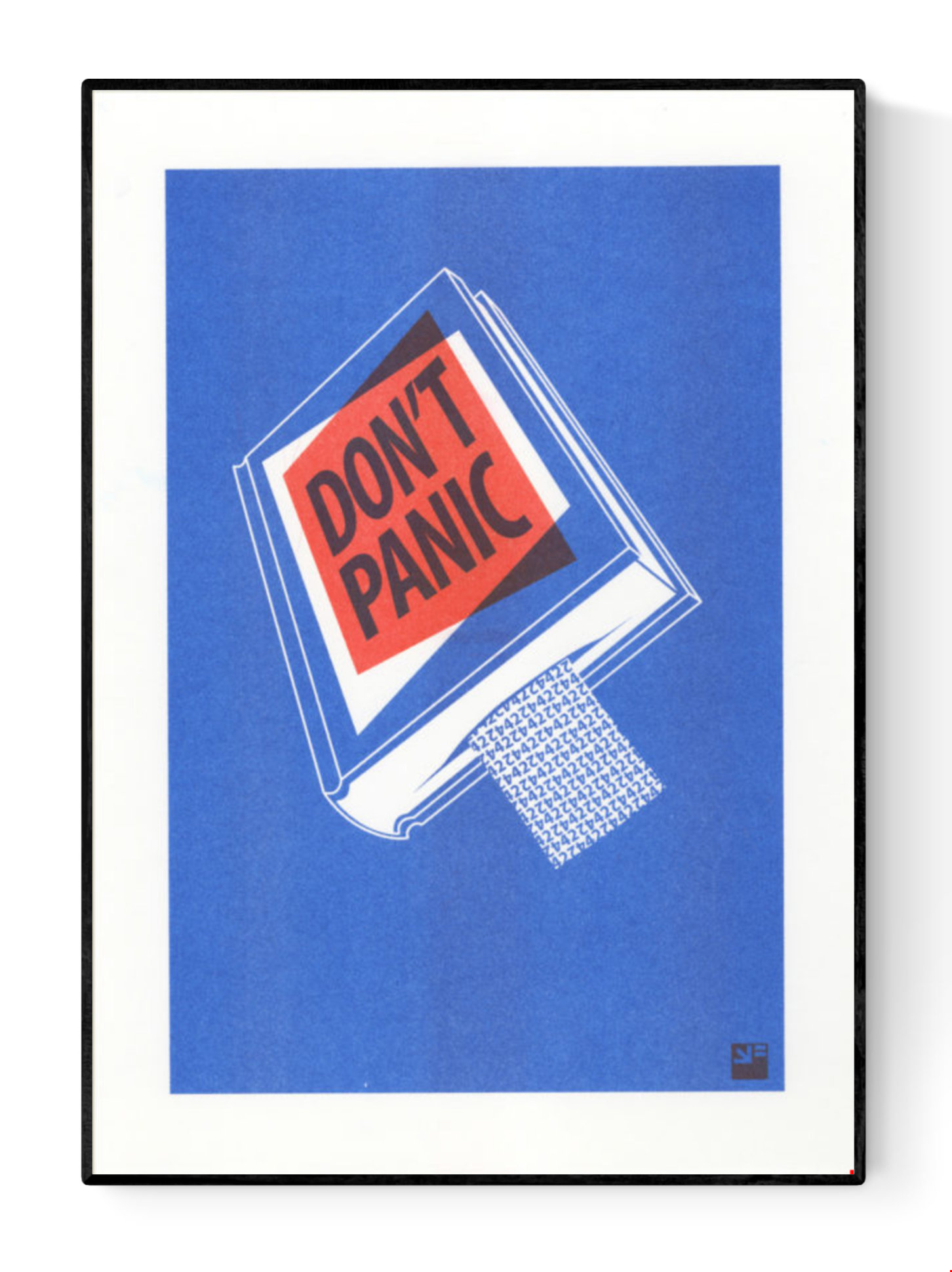 Risograph art print titled Book by VrijFormaat, featuring a blue book cover with bold red and black lettering reading “DON’T PANIC”, inspired by The Hitchhiker’s Guide to the Galaxy. Minimalist design printed in red and blue vegetable-based inks on Biotop paper, A4 size.
