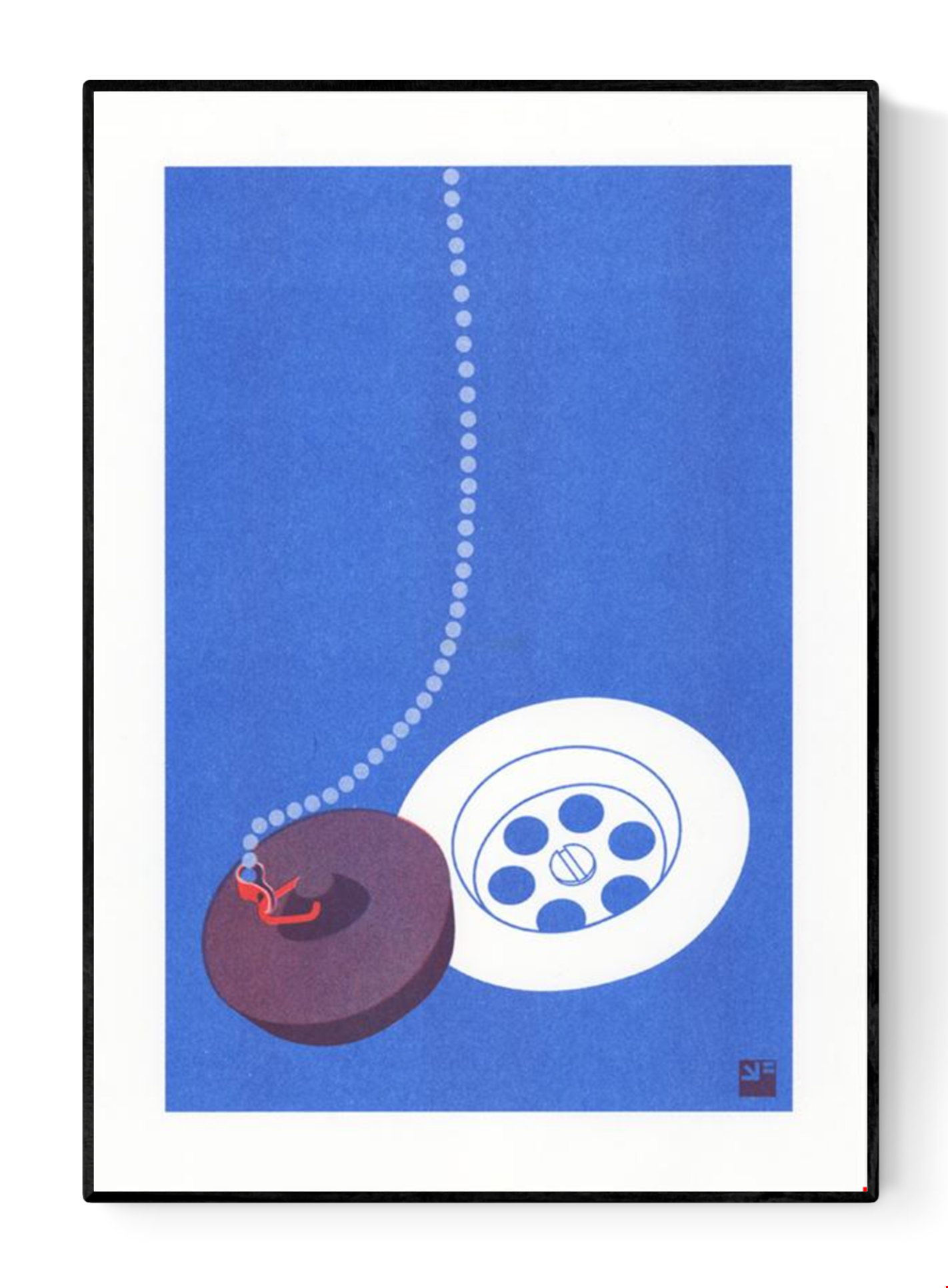 Minimalist risograph art print of a kitchen sink drain and plug, designed in vivid red and blue by Dutch studio VrijFormaat. Modern pop-art style illustration from the “Extra Ordinary” series, celebrating everyday household objects. Printed on Biotop paper, A4 size, made in Utrecht, the Netherlands.