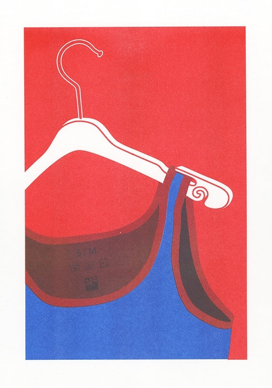 Risograph art print of a white coat hanger with a blue tank top by VrijFormaat. Minimalist red and blue composition celebrating everyday objects in bold graphic style. Perfect wall art for modern homes and design enthusiasts.