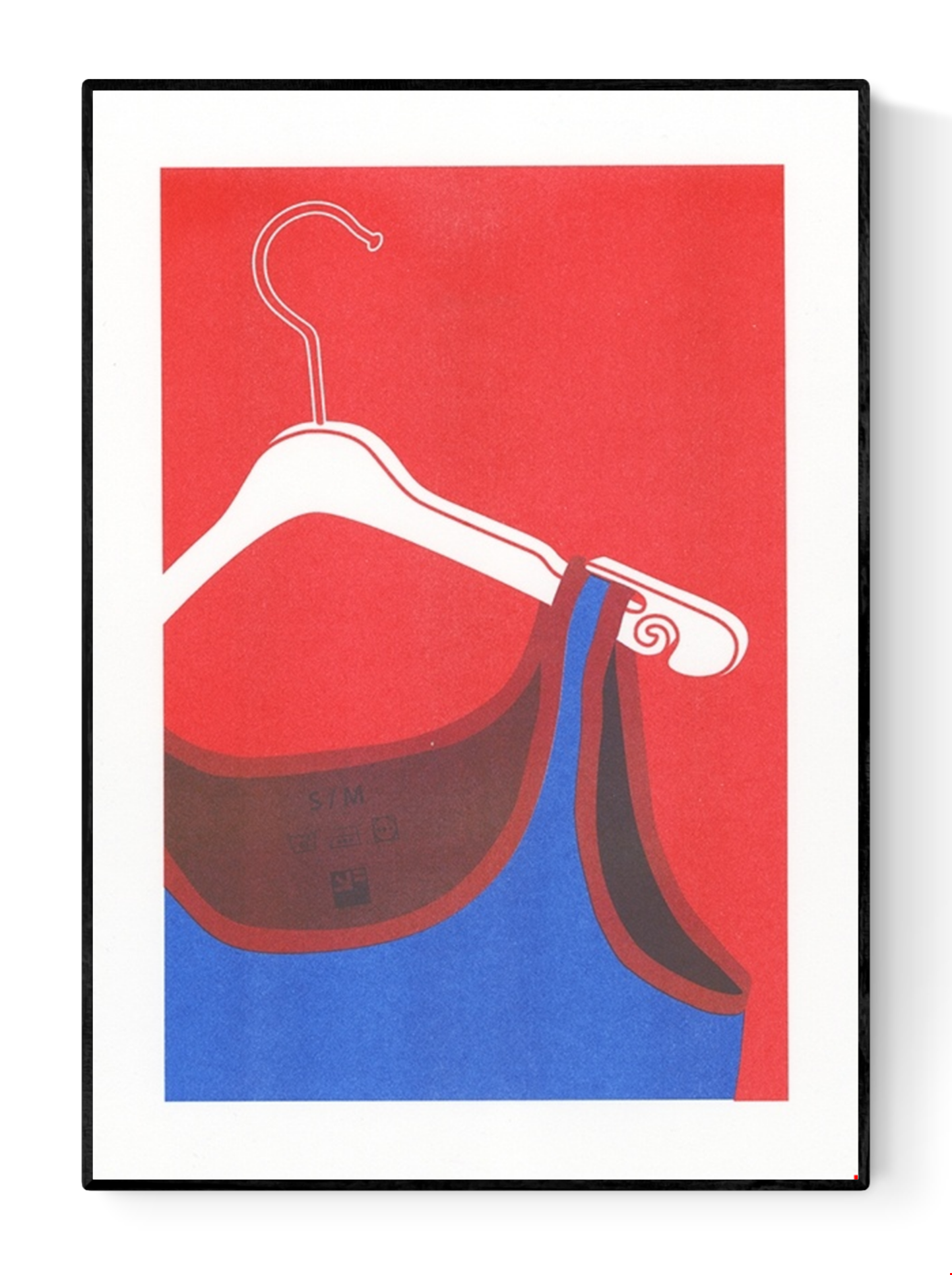 Risograph art print of a white coat hanger with a blue tank top by VrijFormaat. Minimalist red and blue composition celebrating everyday objects in bold graphic style. Perfect wall art for modern homes and design enthusiasts.