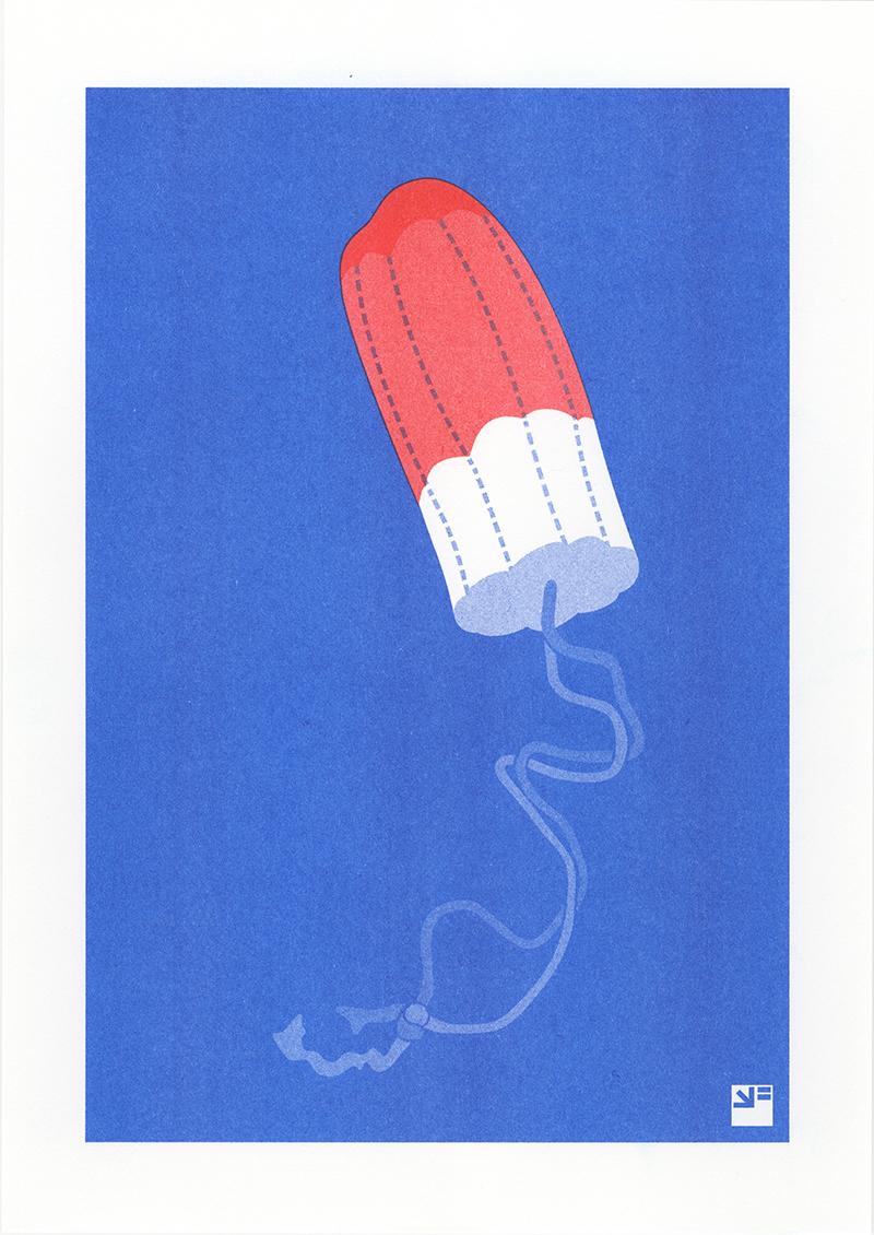 Minimalist risograph art print of a red and white tampon on a vivid blue background, part of VrijFormaat’s Extra Ordinary series. Playful modern design printed with eco-friendly vegetable-based inks on Biotop paper — perfect for design lovers and contemporary art collectors in Europe.