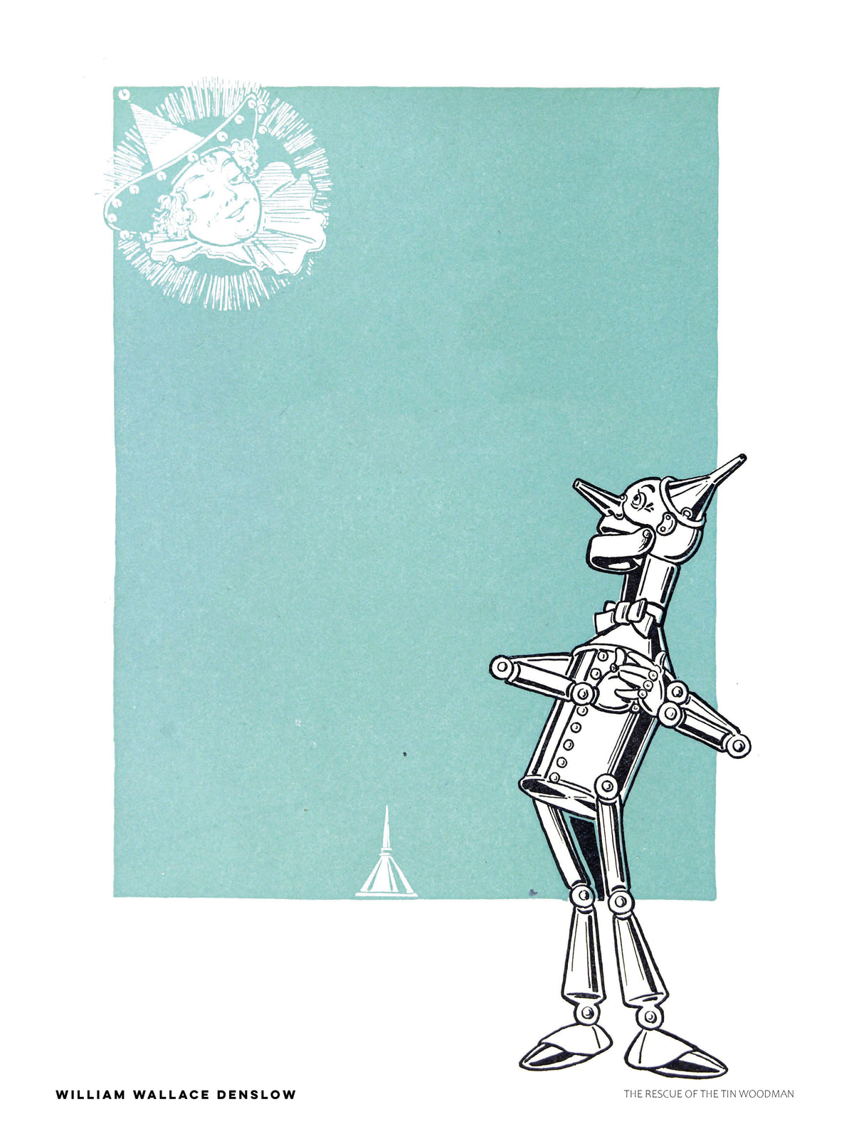 Vintage illustration of the Tin Woodman from The Wizard of Oz by William Wallace Denslow, with black linework and a pale blue-green background. Vertical digital art print for playful wall decor.