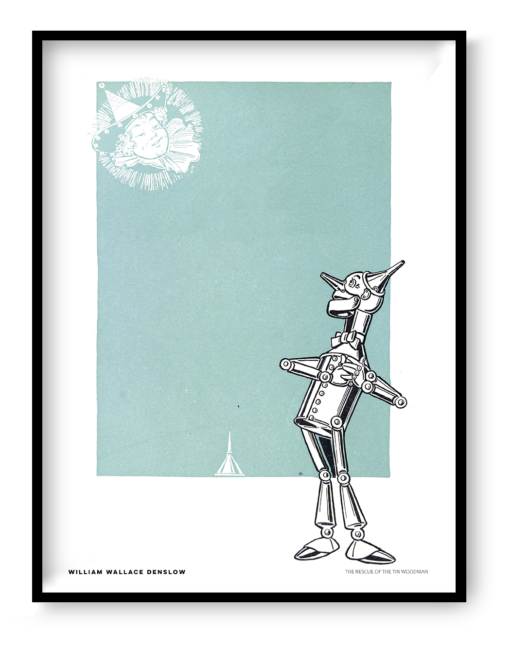 Vintage illustration of the Tin Woodman from The Wizard of Oz by William Wallace Denslow, with black linework and a pale blue-green background. Vertical digital art print for playful wall decor.