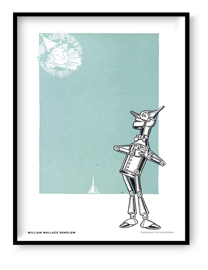 Vintage illustration of the Tin Woodman from The Wizard of Oz by William Wallace Denslow, with black linework and a pale blue-green background. Vertical digital art print for playful wall decor.