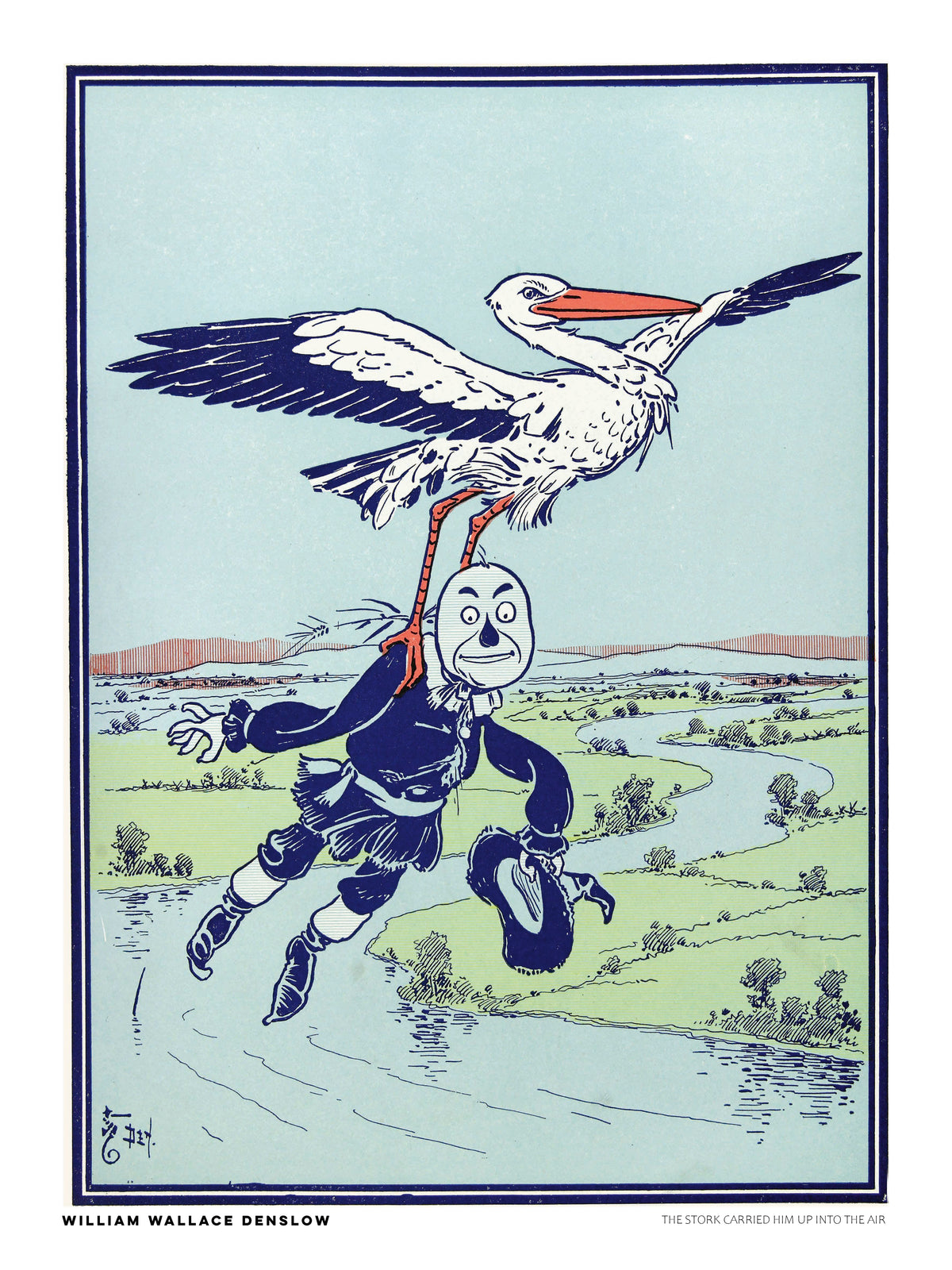 Vintage storybook illustration by William Wallace Denslow showing a large stork carrying a masked figure above a landscape, in pale blue, green, navy and orange. Vertical digital wall art print.