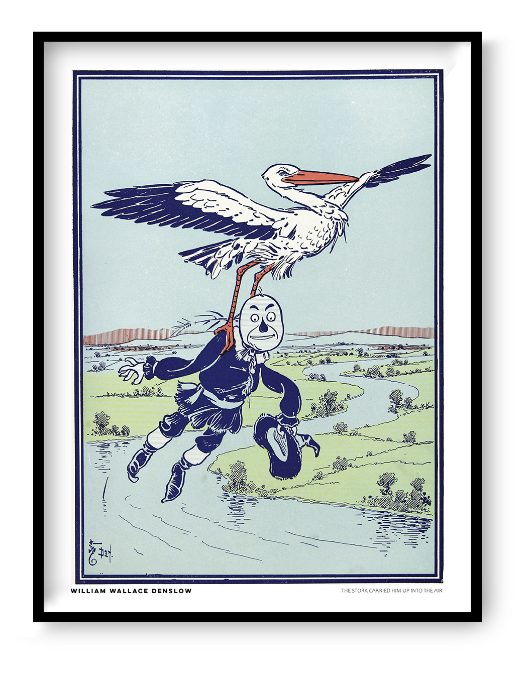 Vintage storybook illustration by William Wallace Denslow showing a large stork carrying a masked figure above a landscape, in pale blue, green, navy and orange. Vertical digital wall art print.
