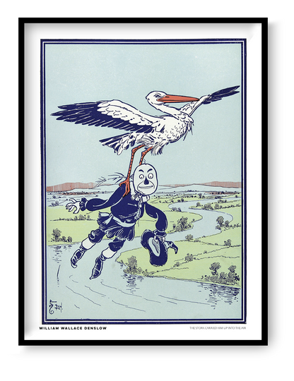 Vintage storybook illustration by William Wallace Denslow showing a large stork carrying a masked figure above a landscape, in pale blue, green, navy and orange. Vertical digital wall art print.
