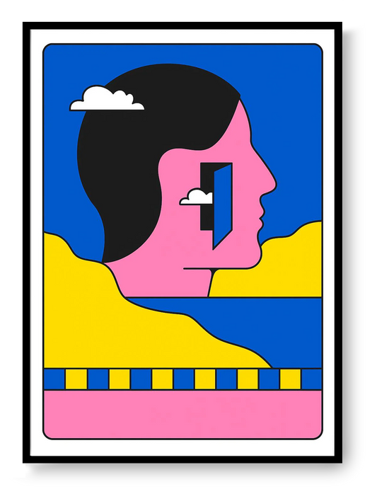 Wanderer limited silkscreen art print by PTRVRKD featuring a graphic profile portrait with bold pink, blue, and yellow shapes, hand-pulled 4-color screenprint.