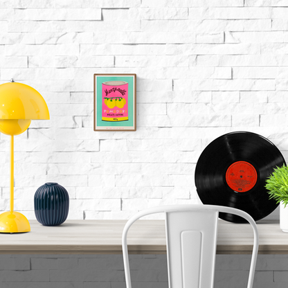 Colorful risograph illustration of a tomato can labeled “Pomodori Pelati Interi” in pink, yellow, and mint – Pomodori by We Are Out Of Office, 13x18 cm risoprint made in the Netherlands.