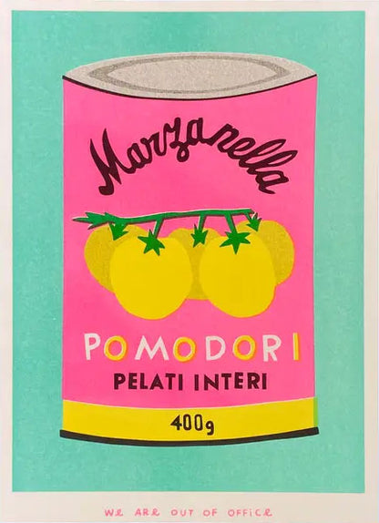 Colorful risograph illustration of a tomato can labeled “Pomodori Pelati Interi” in pink, yellow, and mint – Pomodori by We Are Out Of Office, 13x18 cm risoprint made in the Netherlands.