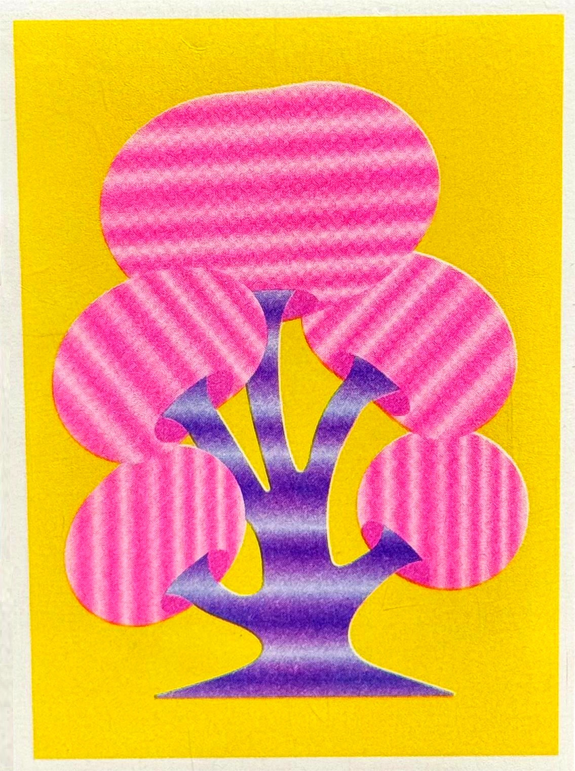 Funky abstract mushroom risograph print by Dutch illustrator PTRVRKD – bold minimalist design with purple stem, striped pink mushroom caps, and bright yellow background, printed with eco-friendly soy inks on 250 gsm Biotop paper, handmade in the Netherlands – small, playful art print for modern spaces.