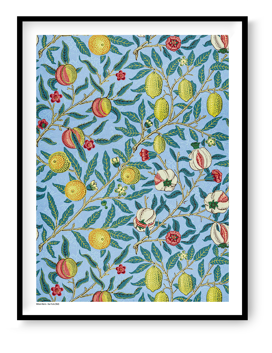 Four Fruits by William Morris, vertical botanical digital print with citrus fruits, pomegranates, flowers and green leaves on a light blue background, ideal as colorful wall art.