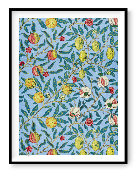 Four Fruits by William Morris, vertical botanical digital print with citrus fruits, pomegranates, flowers and green leaves on a light blue background, ideal as colorful wall art.