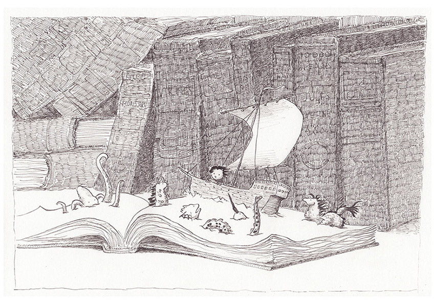 Detailed monochrome illustration titled Vessel by Willy Leung featuring a paper sailboat floating across the pages of an open book surrounded by towering library books, tiny creatures, and intricate pen-drawn textures. Literary surreal art print available in A4 and 30 x 40 cm.