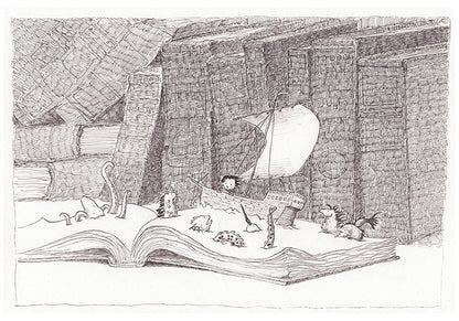 Detailed monochrome illustration titled Vessel by Willy Leung featuring a paper sailboat floating across the pages of an open book surrounded by towering library books, tiny creatures, and intricate pen-drawn textures. Literary surreal art print available in A4 and 30 x 40 cm.