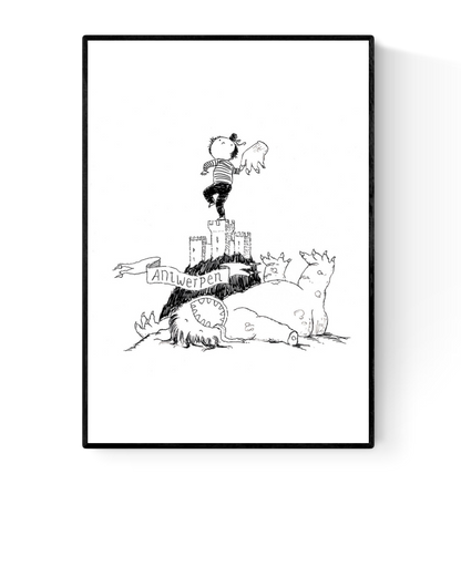 Whimsical black-and-white line drawing by Willy Leung titled 'Antwerpen,' featuring a heroic child standing atop the medieval fortress Het Steen, waving a severed monster hand in triumph above a defeated dragon. A playful and imaginative tribute to the city of Antwerp, combining humor, folklore, and childlike wonder—ideal for fans of storytelling art and charming city-themed prints