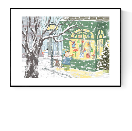Winter-themed Giclée print by Belgian illustrator Willy Leung – charming A4 art print of a snowy street with a child admiring colorful birdhouses in a shop window – printed with archival pigment inks on 308 gsm Hahnemühle fine art paper.