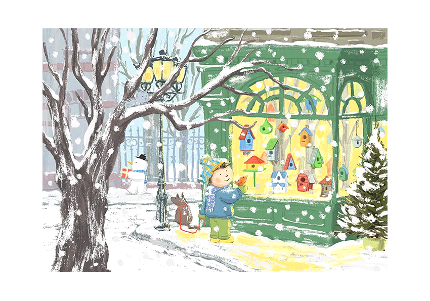 Winter-themed Giclée print by Belgian illustrator Willy Leung – charming A4 art print of a snowy street with a child admiring colorful birdhouses in a shop window – printed with archival pigment inks on 308 gsm Hahnemühle fine art paper.