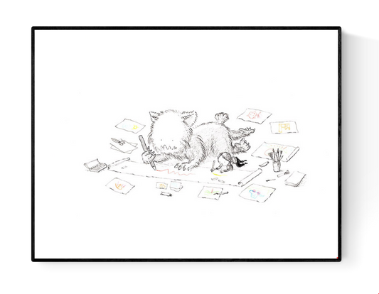 Minimalist illustration by Willy Leung featuring a fluffy monster and a little girl drawing on the floor, surrounded by papers – A4 giclée print on premium Hahnemühle Photo Rag paper, signed by the artist.
