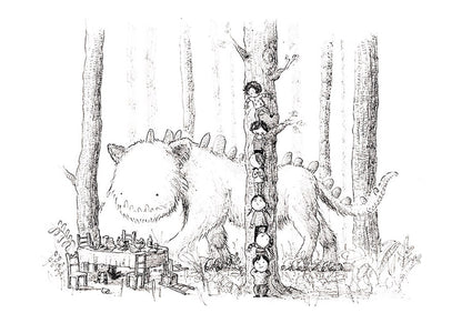 Whimsical black-and-white illustration of children hiding behind a tree while a gentle monster walks by, art print by Willy Leung — playful giclée print for kids' rooms and fantasy art lovers.