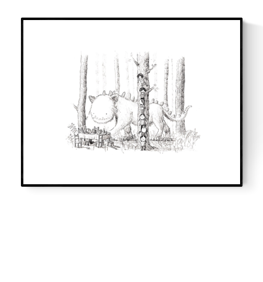 Whimsical black-and-white illustration of children hiding behind a tree while a gentle monster walks by, art print by Willy Leung — playful giclée print for kids' rooms and fantasy art lovers.