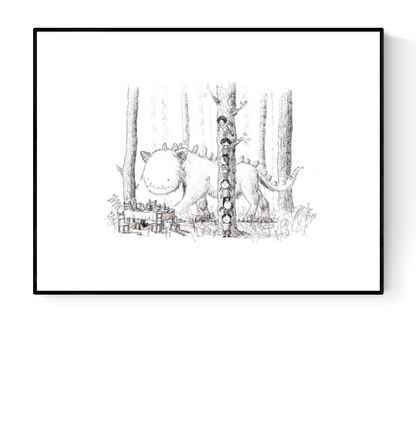 Whimsical black-and-white illustration of children hiding behind a tree while a gentle monster walks by, art print by Willy Leung — playful giclée print for kids' rooms and fantasy art lovers.