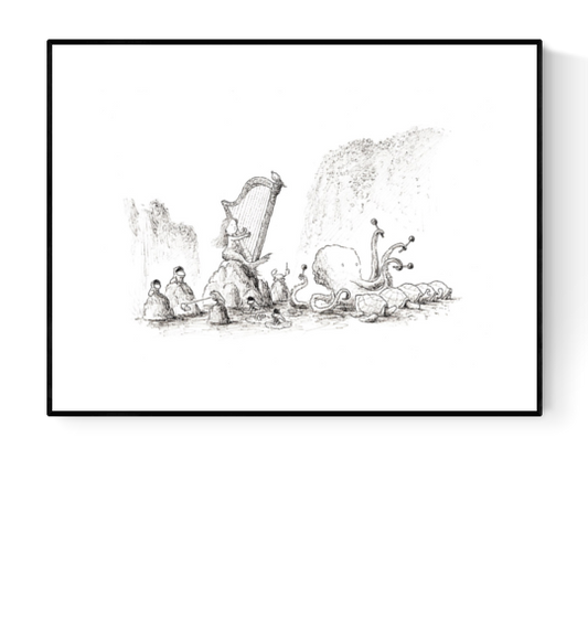 Black-and-white giclée art print by Willy Leung depicting animals and fantasy creatures gathered around a harp in a peaceful riverside scene, with intricate linework and poetic atmosphere.