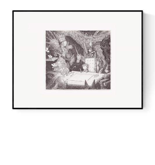 Black-and-white surreal illustration titled "stuck" by Belgian artist Willy Leung, featuring dreamlike characters and a forest scene surrounding a large blank page, printed as a 30x40 cm archival giclée on Hahnemühle Photo Rag paper.