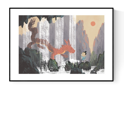 "Year of the Dragon" Giclée print by Willy Leung featuring a red Chinese dragon meeting a child under waterfalls in a mystical mountain landscape, printed on Hahnemühle Photo Rag fine art paper.