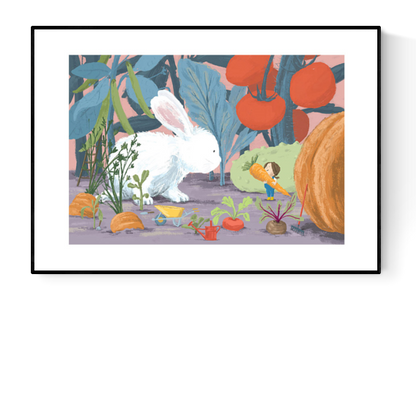 "Year of the Rabbit" art print by Willy Leung featuring a giant white rabbit and a tiny girl harvesting vegetables in a whimsical garden. Giclée printed on Hahnemühle paper.