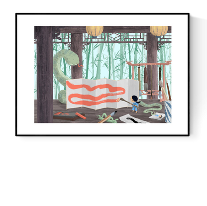"Year of the Snake" art print by Willy Leung featuring a child painting a large green snake in a traditional bamboo studio setting. Giclée print on premium Hahnemühle Photo Rag paper.