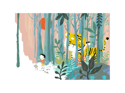 "Year of the Tiger" art print by Willy Leung showing a child and a tiger facing each other in a colorful forest. Giclée print on museum-quality Hahnemühle paper, ideal for nature and animal lovers.