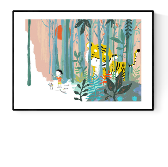 "Year of the Tiger" art print by Willy Leung showing a child and a tiger facing each other in a colorful forest. Giclée print on museum-quality Hahnemühle paper, ideal for nature and animal lovers.