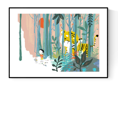 "Year of the Tiger" art print by Willy Leung showing a child and a tiger facing each other in a colorful forest. Giclée print on museum-quality Hahnemühle paper, ideal for nature and animal lovers.