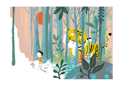 "Year of the Tiger" art print by Willy Leung showing a child and a tiger facing each other in a colorful forest. Giclée print on museum-quality Hahnemühle paper, ideal for nature and animal lovers.