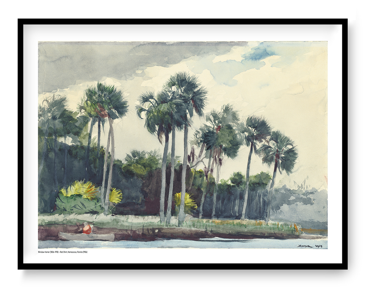 Winslow Homer watercolor-style Florida landscape with tall palm trees, soft green and blue tones and a small red-shirted figure, horizontal digital art print for calm coastal wall decor.