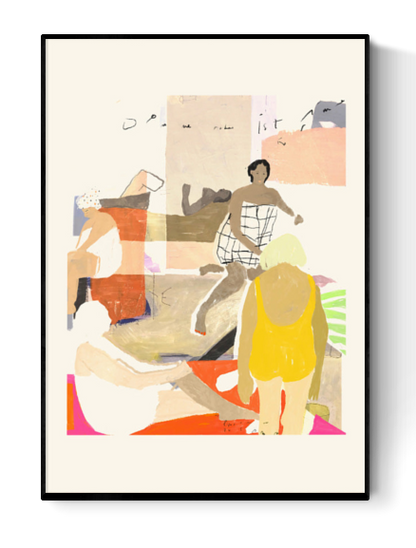 Warm figurative illustration of women in relaxed poses, wearing swimsuits and engaging in quiet everyday rituals on sun-colored surfaces – Rituals by Wünsch & Stömer, 30 x 40 cm contemporary art print.