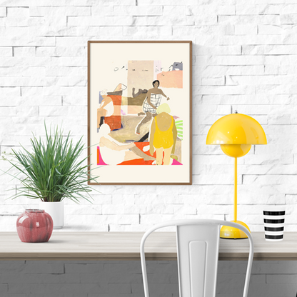 Warm figurative illustration of women in relaxed poses, wearing swimsuits and engaging in quiet everyday rituals on sun-colored surfaces – Rituals by Wünsch & Stömer, 30 x 40 cm contemporary art print.