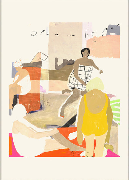 Warm figurative illustration of women in relaxed poses, wearing swimsuits and engaging in quiet everyday rituals on sun-colored surfaces – Rituals by Wünsch & Stömer, 30 x 40 cm contemporary art print.