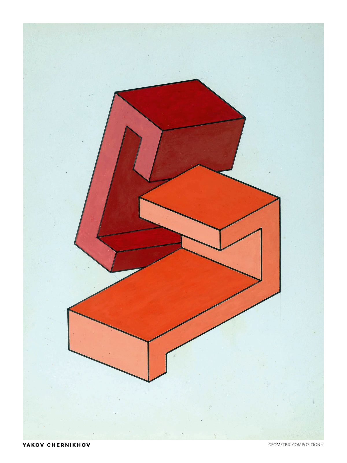 Geometric Composition 1 by Yakov Chernikhov, vertical digital art print with red and orange architectural geometric forms on a pale blue background, ideal for modern wall decor.