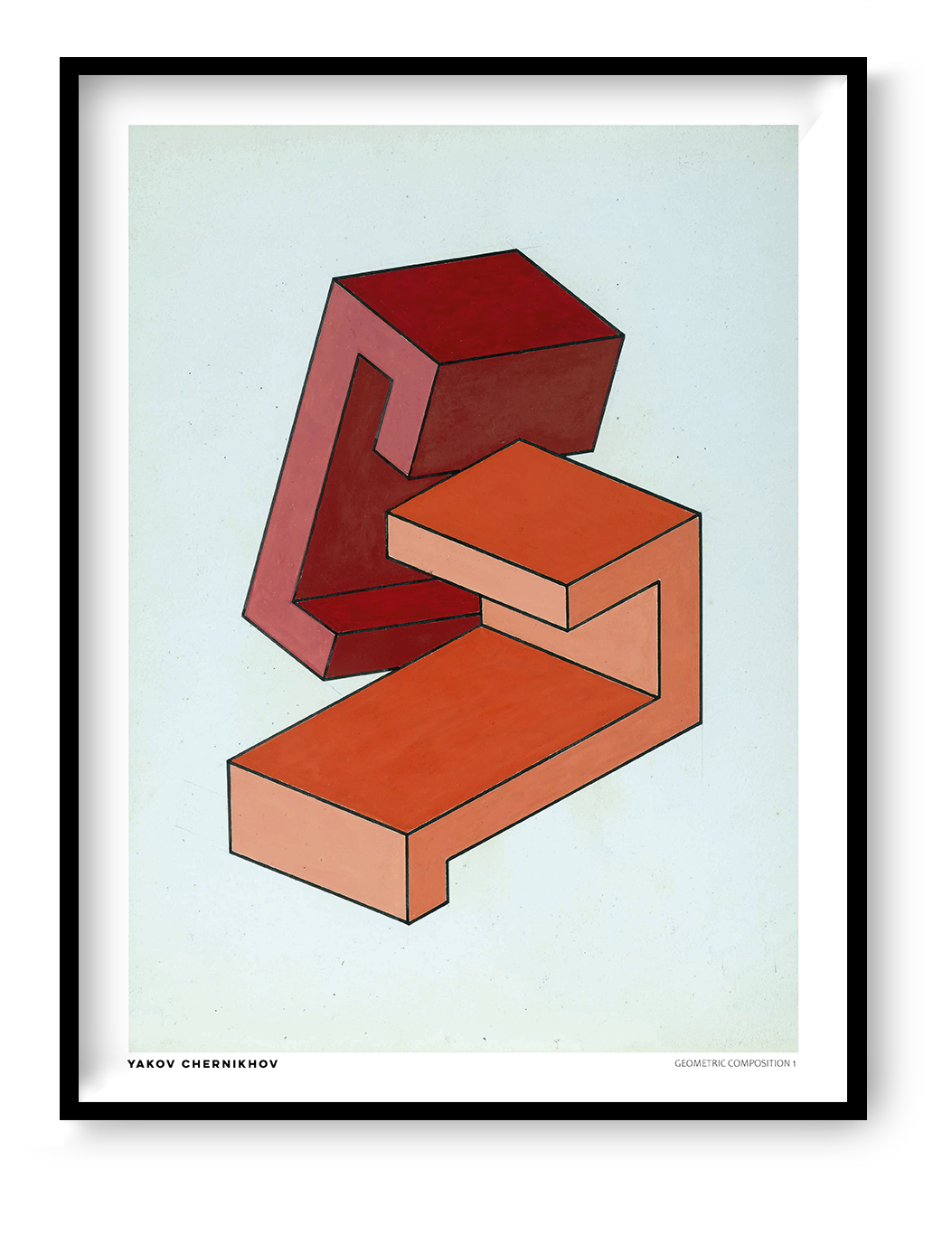 Geometric Composition 1 by Yakov Chernikhov, vertical digital art print with red and orange architectural geometric forms on a pale blue background, ideal for modern wall decor.