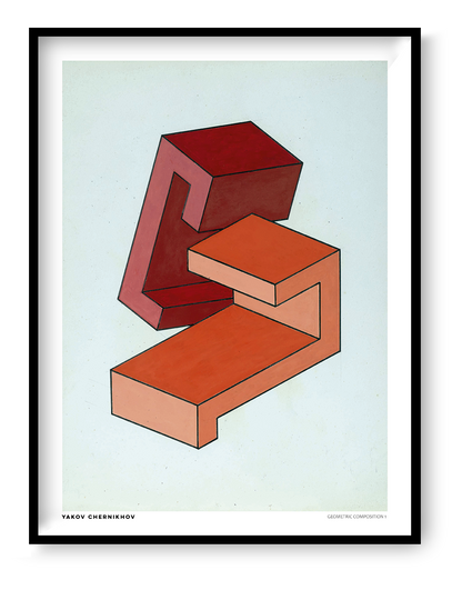 Geometric Composition 1 by Yakov Chernikhov, vertical digital art print with red and orange architectural geometric forms on a pale blue background, ideal for modern wall decor.