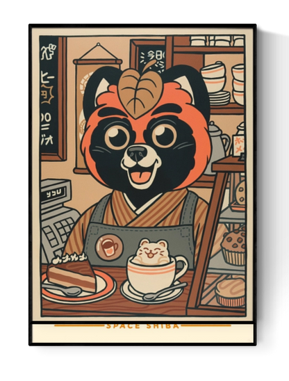 Playful illustration titled ‘Chez Jean-Paul’ by Yeaaah! Studio featuring an anthropomorphic red panda barista in a cozy Japanese-style café, serving a slice of cake and latte art with a smiling bear face. Rich in warm vintage tones and charming details, this whimsical artwork adds a fun, kawaii-inspired touch to any kitchen, coffee nook, or modern eclectic space—available at Galerie Frits