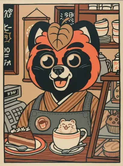 Playful illustration titled ‘Chez Jean-Paul’ by Yeaaah! Studio featuring an anthropomorphic red panda barista in a cozy Japanese-style café, serving a slice of cake and latte art with a smiling bear face. Rich in warm vintage tones and charming details, this whimsical artwork adds a fun, kawaii-inspired touch to any kitchen, coffee nook, or modern eclectic space—available at Galerie Frits