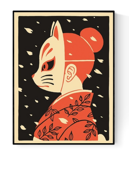 Hanami art print by Yeaaah! Studio – Japanese kitsune fox mask girl in kimono illustration, inspired by folklore and pop culture, bold modern wall art on 300g paper