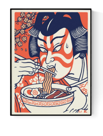 Illustrated art print of a Kabuki actor eating ramen in ukiyo-e style by Yeaaah! Studio – Japanese food illustration in bold colors, 30 x 40 cm art print made in France
