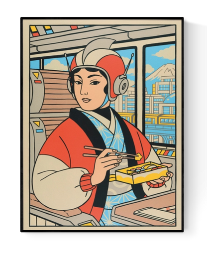 Retro-futurist illustration of a Japanese woman eating lunch on a train, created by Yeaaah! Studio, with Mount Fuji and cityscape in the background – bold graphic print in red, blue, and beige tones.